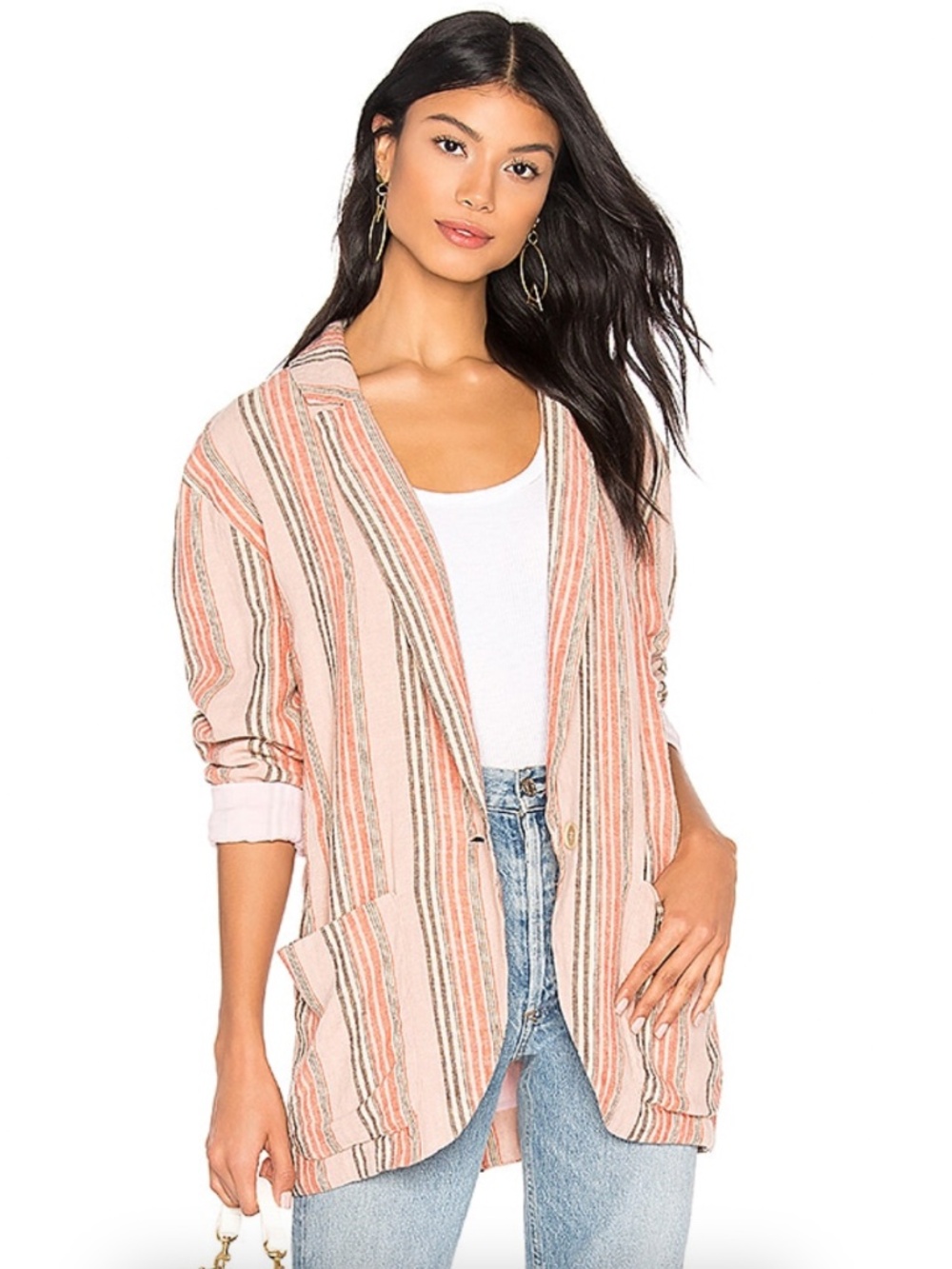 Free People Striped Blazer Jacket Pink Orange Oversized Size S